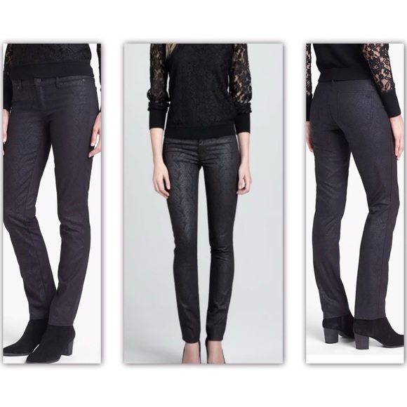 Tory Burch Honour Black Embossed Tonal Floral Print Office Siren Skinny Jeans 24 - Picture 1 of 12